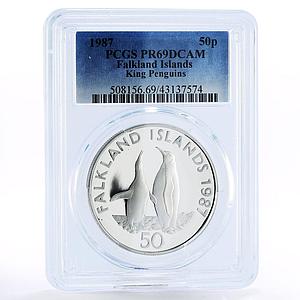 Falkland Islands 50 pence King Penguins Fauna PR69 PCGS silver coin 1987