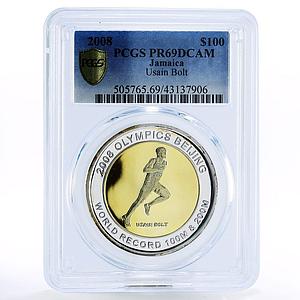 Jamaica 100 dollars Runner Usain Bolt Records PR69 PCGS gilded silver coin 2008