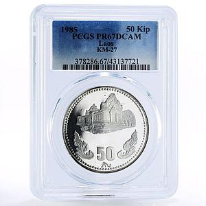 Laos 50 kip 10th Anniversary of Republic Temple PR67 PCGS silver coin 1985