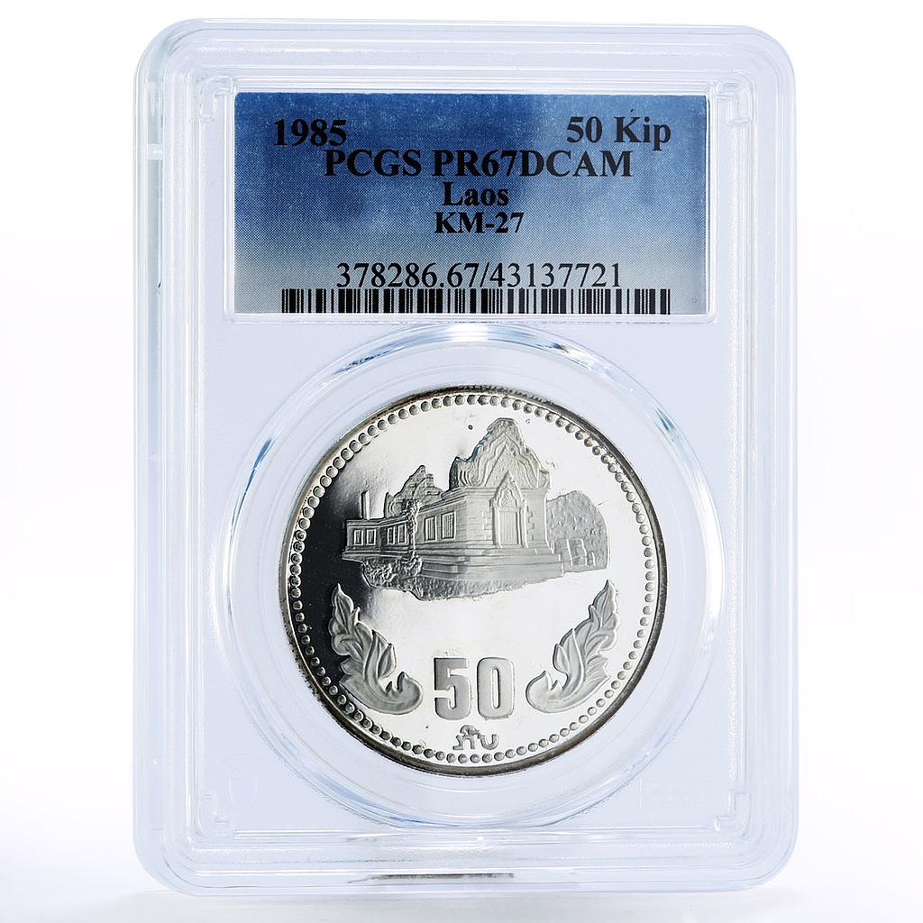 Laos 50 kip 10th Anniversary of Republic Temple PR67 PCGS silver coin 1985