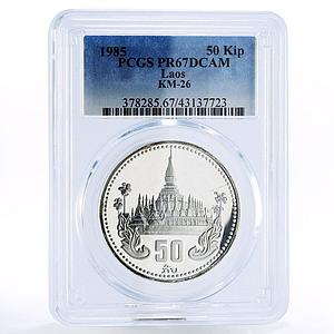 Laos 50 kip 10th Anniversary of Republic Palace PR67 PCGS silver coin 1985