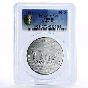 Vietnam 100 dong Historic Ship Large Dragon Ship MS70 PCGS silver coin 1988