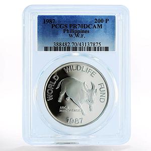 Philippines 200 piso WWF series Mindoro Buffalo Bull PR70 PCGS silver coin 1987