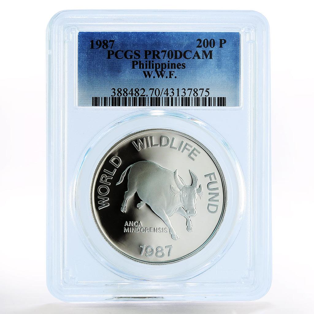 Philippines 200 piso WWF series Mindoro Buffalo Bull PR70 PCGS silver coin 1987