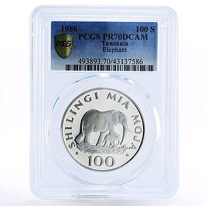 Tanzania 100 shillings Endangered Wildlife Elephant PR70 PCGS silver coin 1986