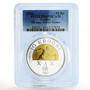 Estonia 10 krooni Winter Olympics Skiier PR69 PCGS gilded silver coin 2006