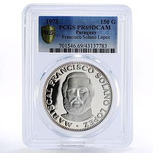 Paraguay 150 guaranies Francisco Solano Lopez arms PR69 PCGS silver coin 1973