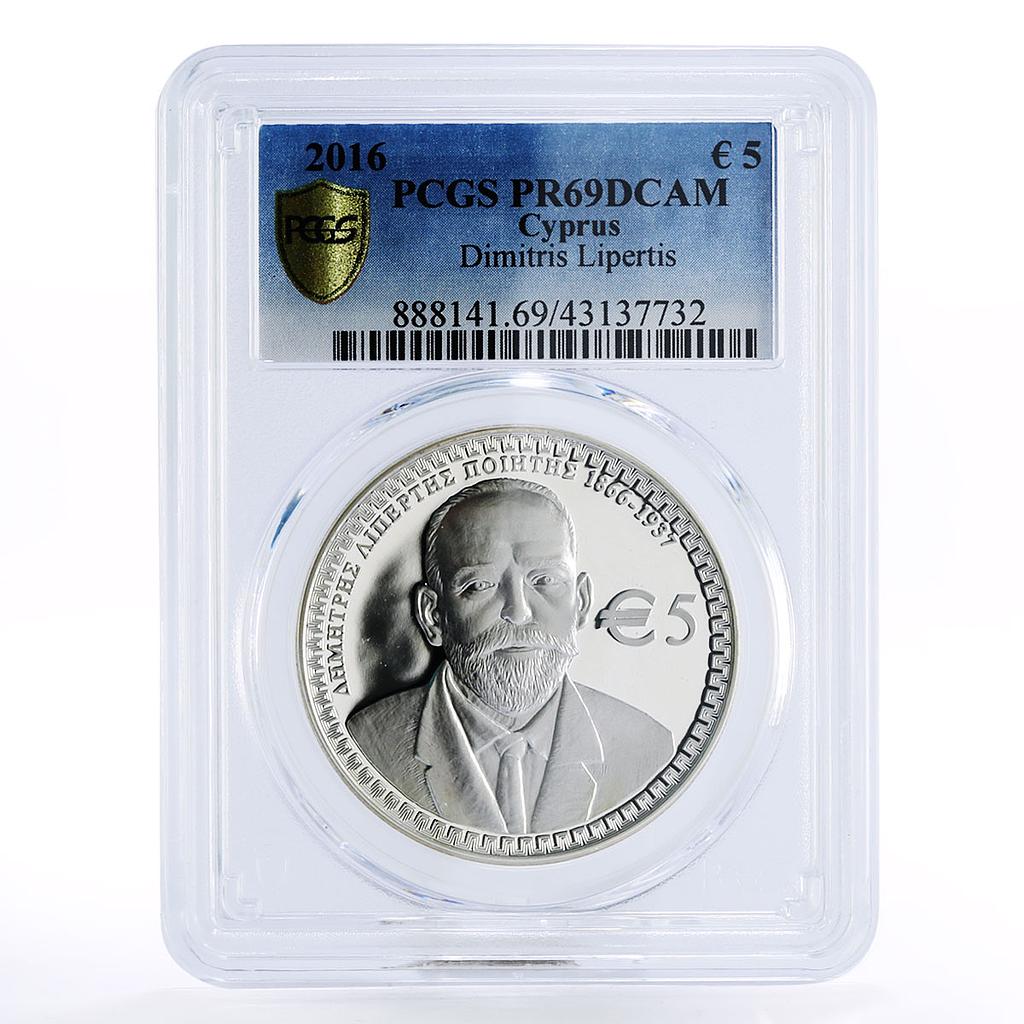 Cyprus 5 euro 150th Anniversary of Dimitris Lipertis PR69 PCGS silver coin 2016