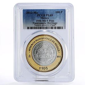 Mexico 100 pesos Numismatic Heritage 1950-Mo 5 Peso PL69 PCGS bimetal coin 2012