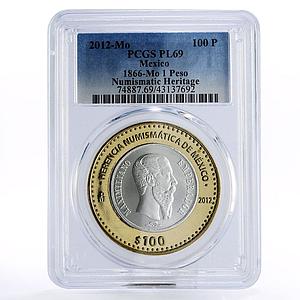Mexico 100 pesos Numismatic Heritage 1866 1 Peso PL69 PCGS bimetal coin 2012