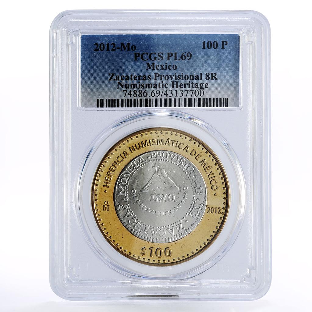Mexico 100 pesos Numismatic Heritage Zacatecas 8R PL69 PCGS bimetal coin 2012