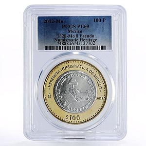 Mexico 100 pesos Numismatic Heritage 1828 8 Escudos PL69 PCGS bimetal coin 2012