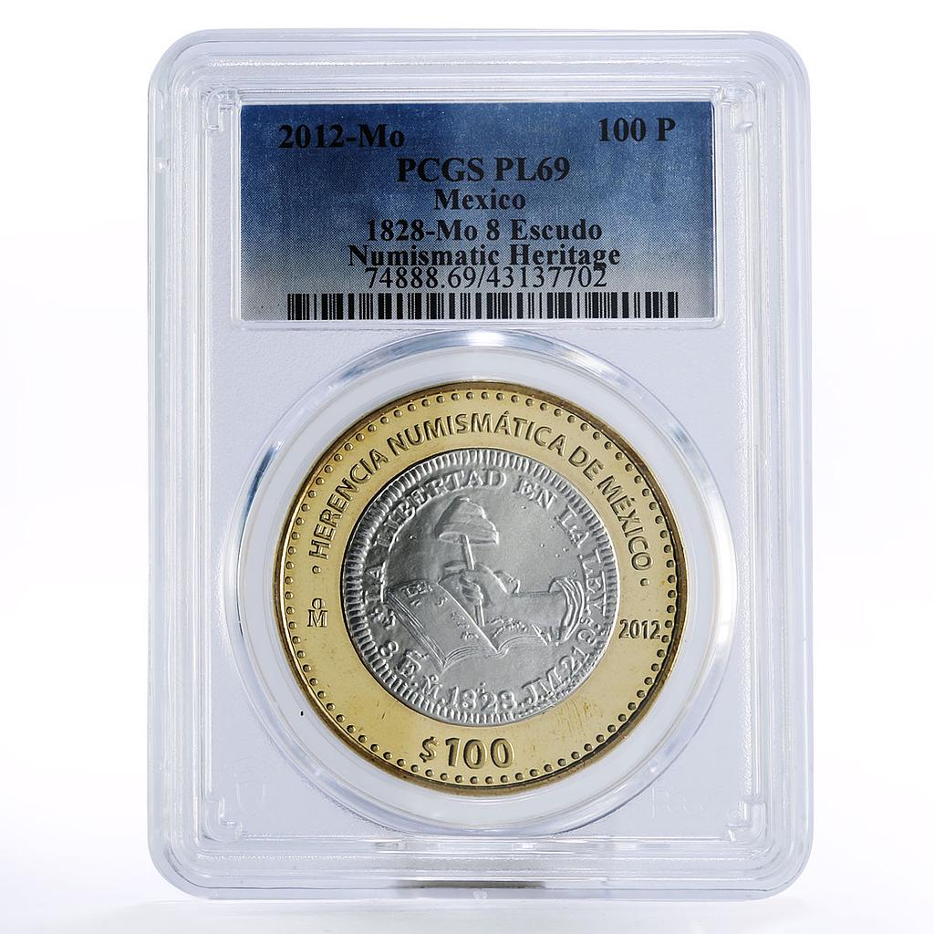 Mexico 100 pesos Numismatic Heritage 1828 8 Escudos PL69 PCGS bimetal coin 2012