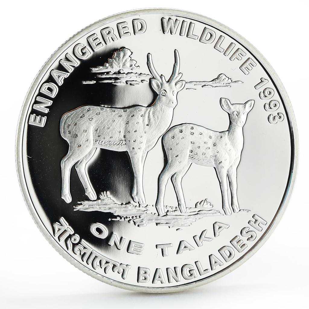 Bangladesh 1 taka Endangered Wildlife series Two Deers proof silver coin 1993