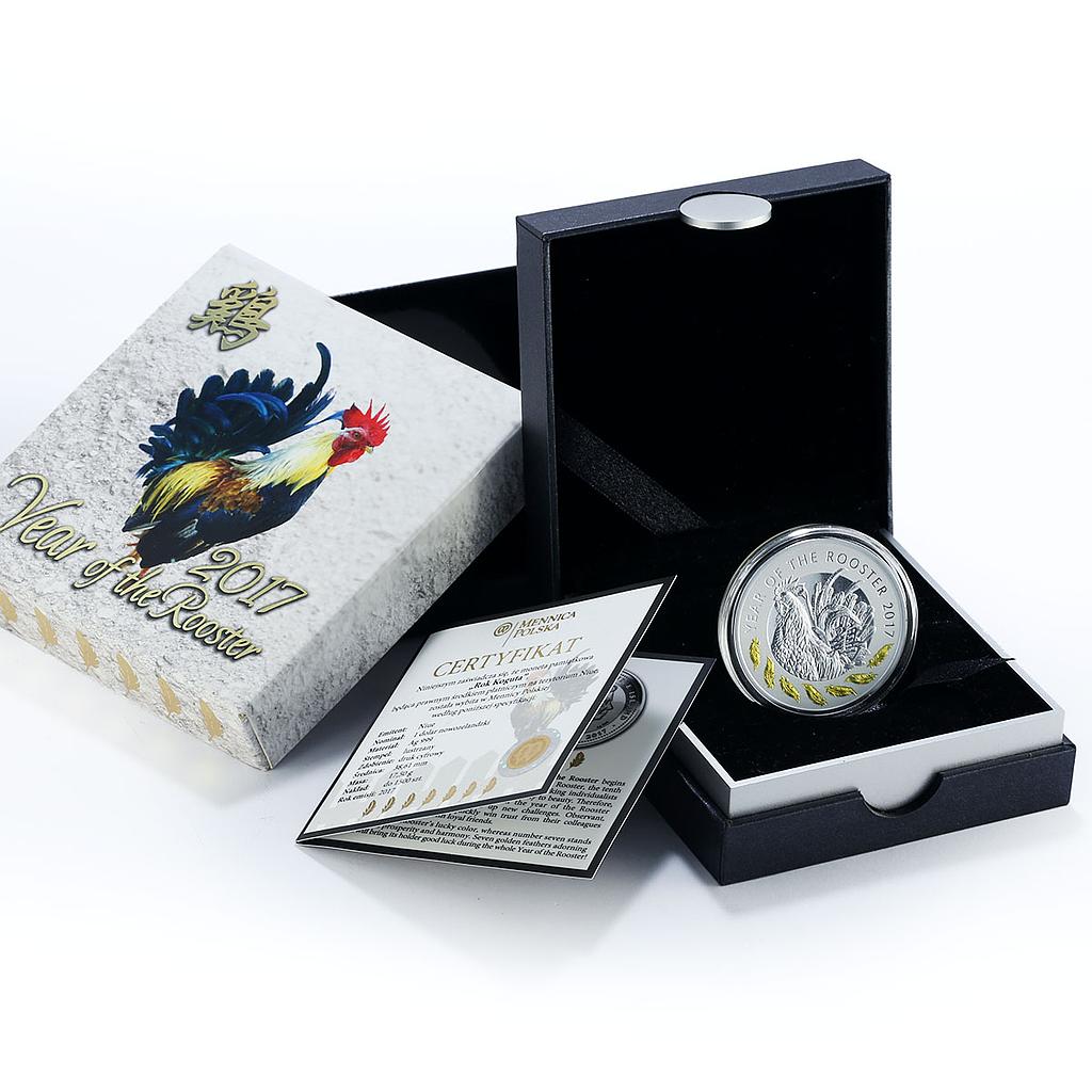 Niue 1 dollar Lunar Calendar series Year of the Rooster gilded silver coin 2017