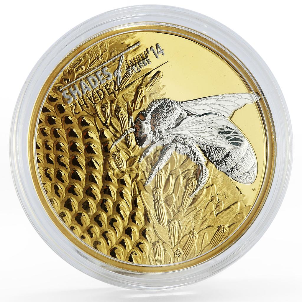 Cook Islands 5 dollars Shades of Nature Bee Flower gilded silver coin 2014