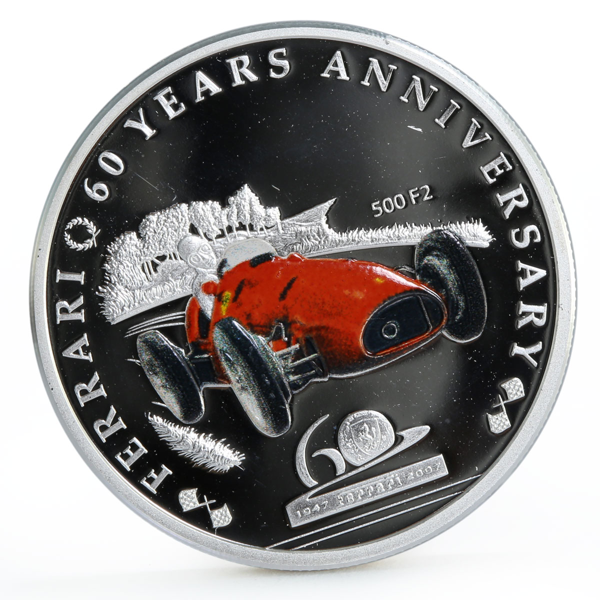 Palau 2 dollars 60th Anniversary of Ferrari 500 F2 Bolide silver coin 2007
