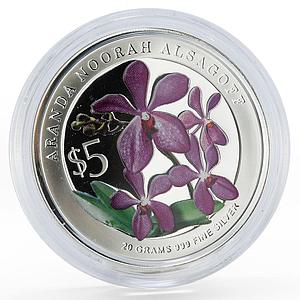 Singapore 1 dollar Aranda Noorah Alsadoff Orchid colored proof silver coin 2010