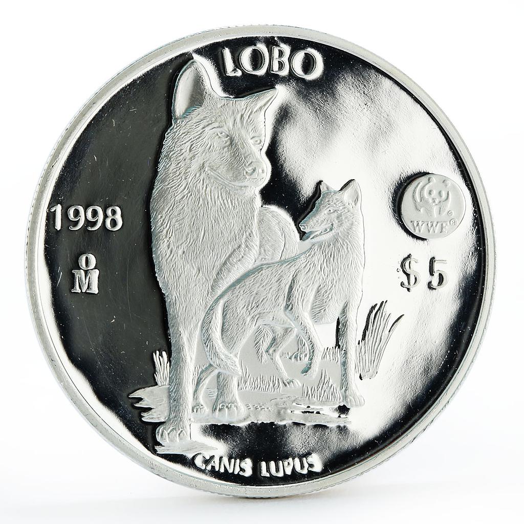 Mexico 5 pesos World Wildlife Fund Wolf Lobo proof silver coin 1998