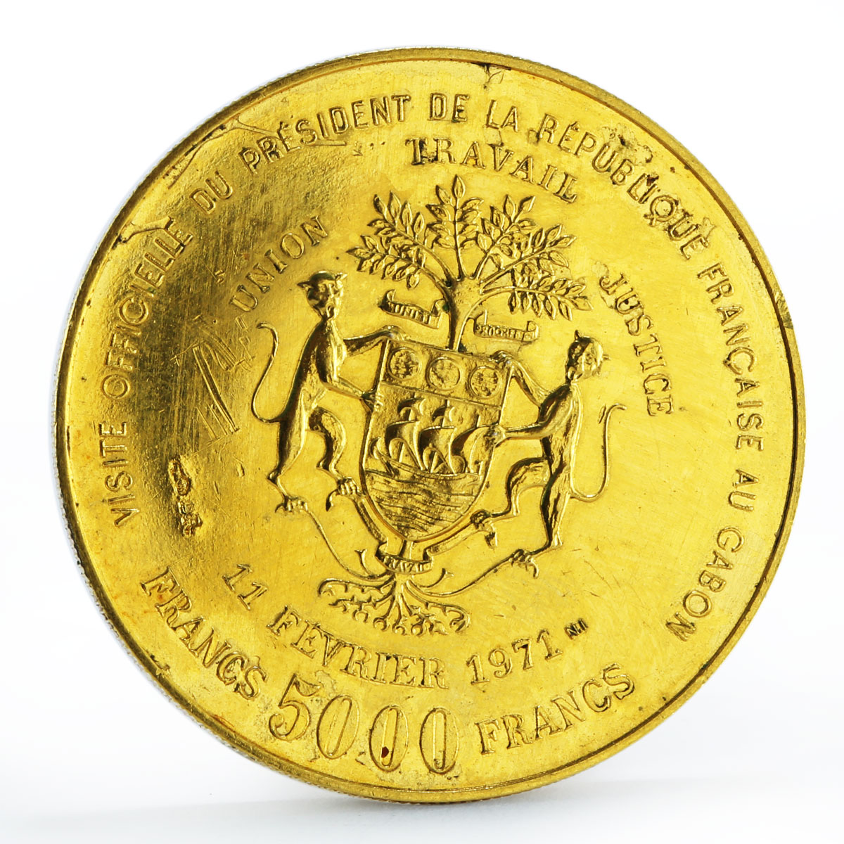 Gabon 5000 francs President Georges Pompidou Visit essai brass coin 1971