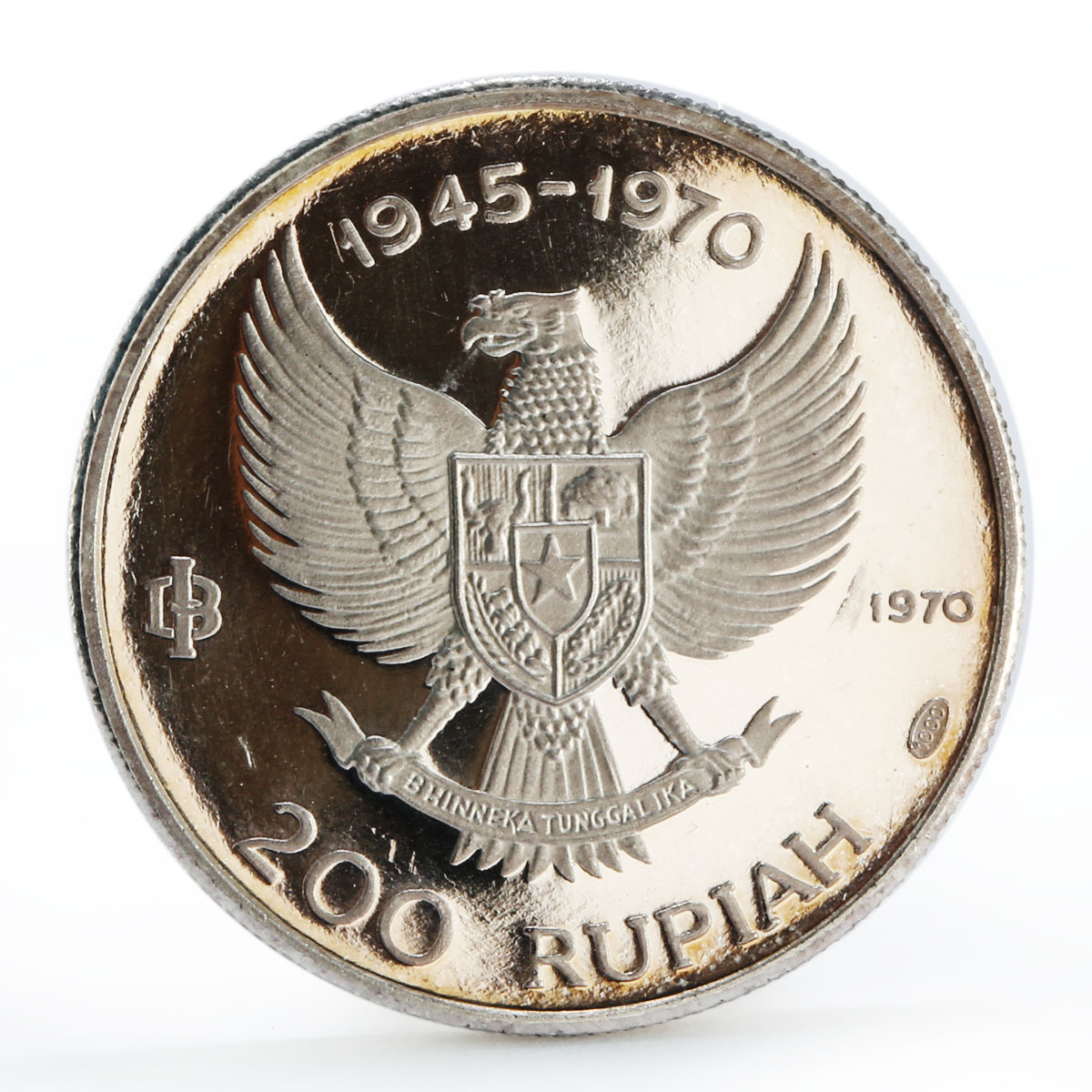 Indonesia 200 rupiah 25th Anniversary Independence Great Bird silver coin 1970