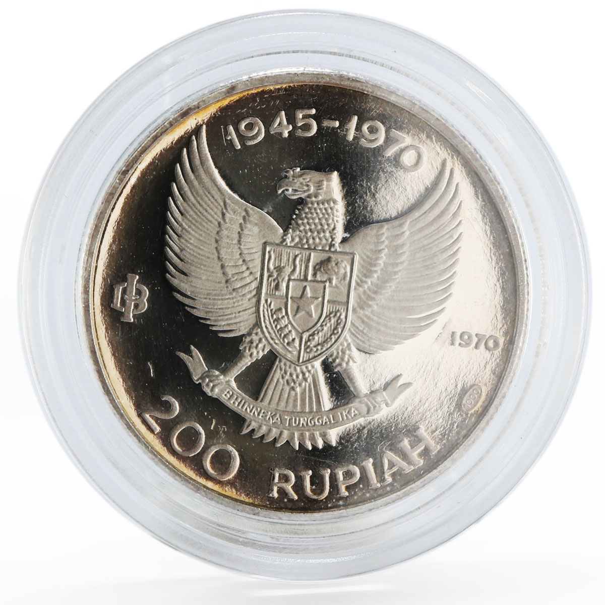 Indonesia 200 rupiah 25th Anniversary Independence Great Bird silver coin 1970