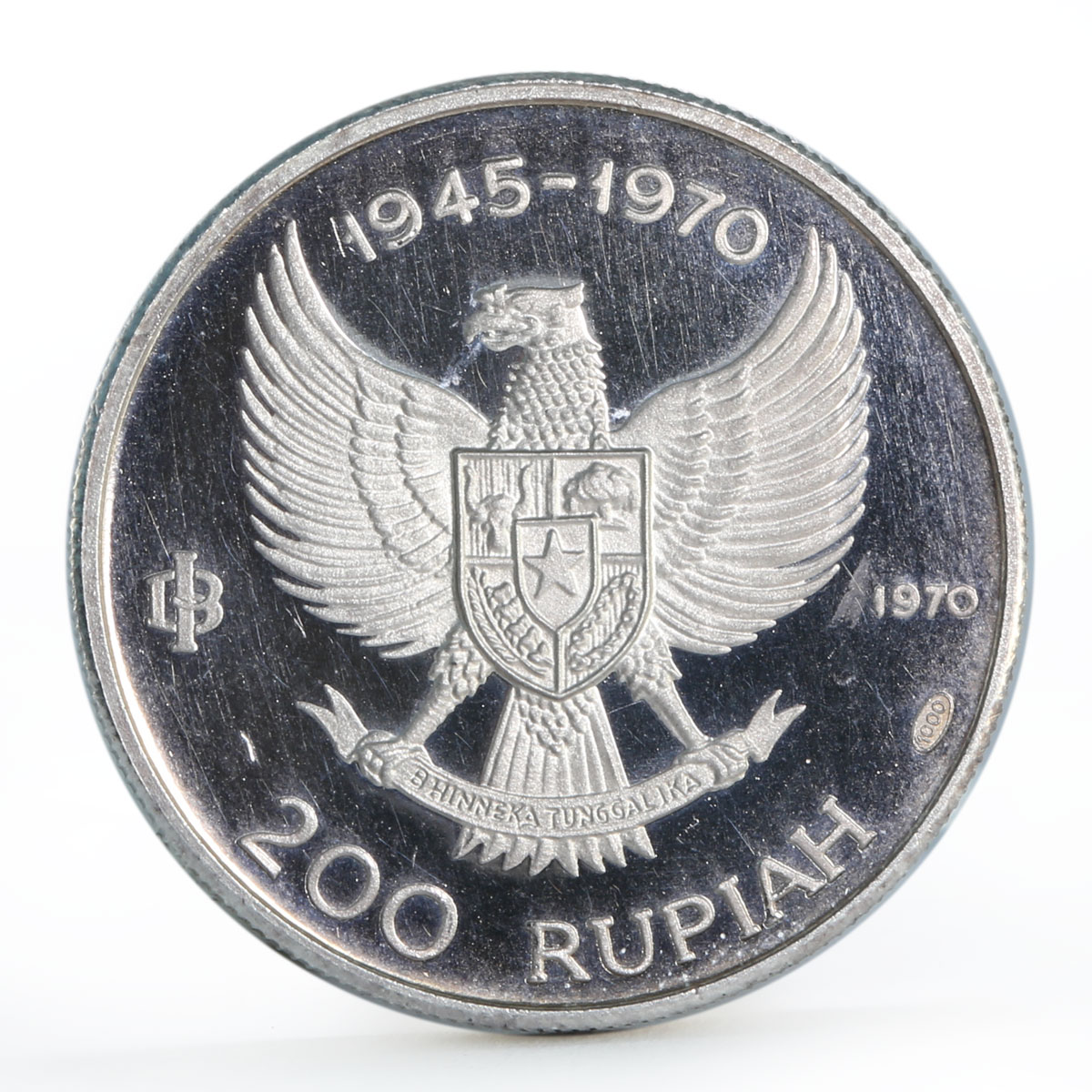 Indonesia 200 rupiah 25th Anniversary Independence Great Bird silver coin 1970