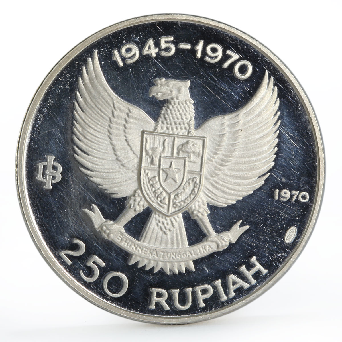 Indonesia 250 rupiah 25th Anniversary of Independence proof silver coin 1970