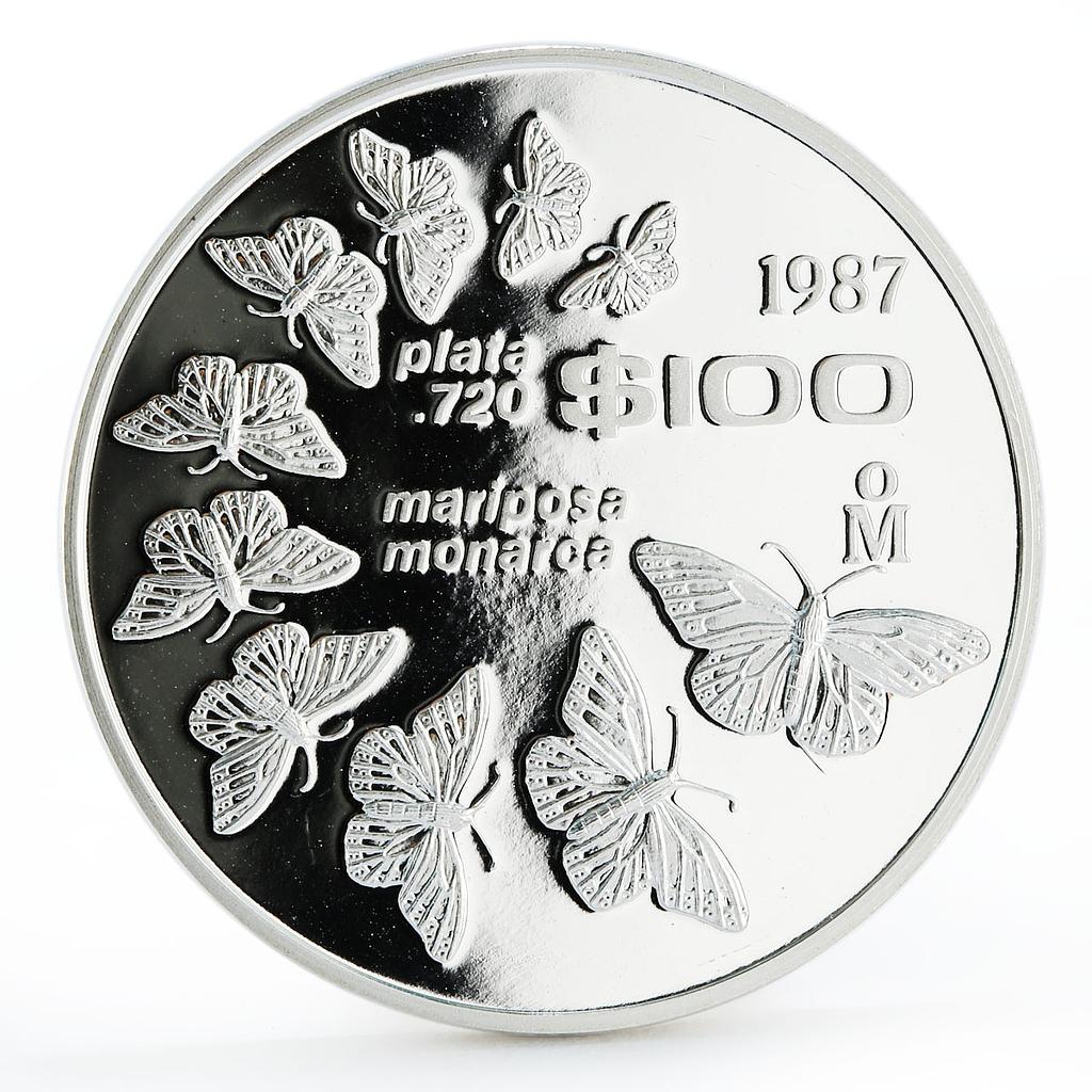 Mexico 100 pesos Monarch Butterflies Fauna proof silver coin 1987