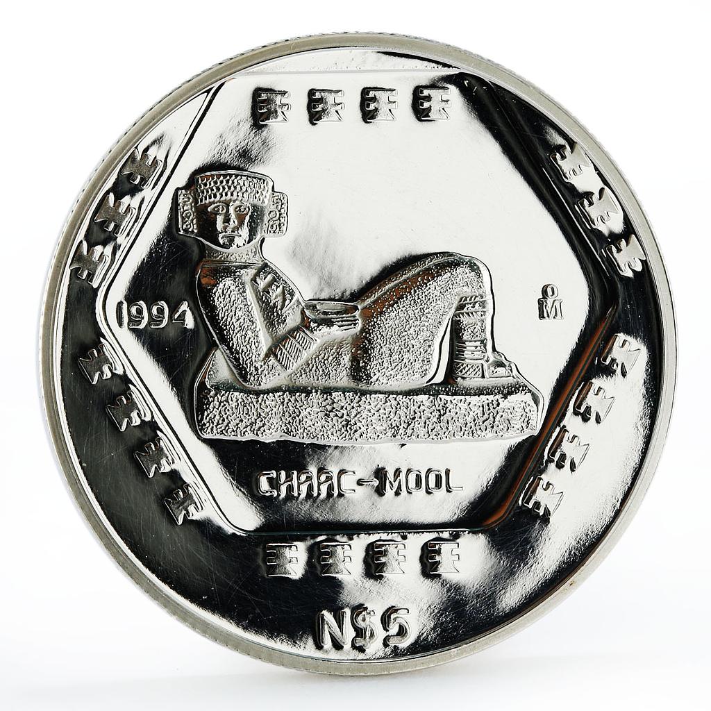 Mexico 5 pesos Precolombina Chaac Mool Statue Sculpture proof silver coin 1994