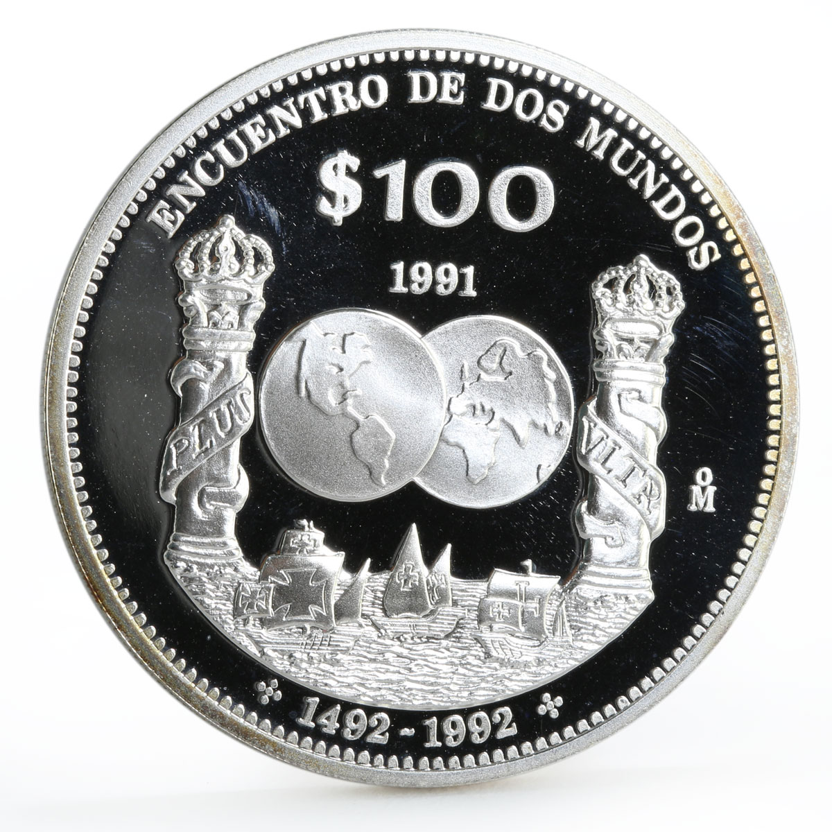 Mexico 100 pesos Ibero-American Encounter of Two Worlds Ships silver coin 1991