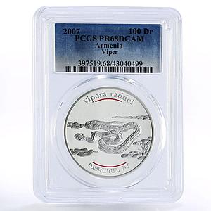 Armenia 100 dram Red Book of Armenia Viper Snake PR68 PCGS silver coin 2007