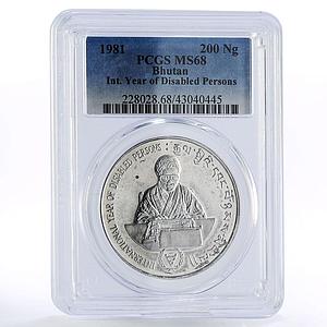 Bhutan 200 ngultrums Year of Disabled People Blind MS68 PCGS silver coin 1981