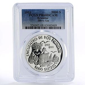 Ecuador 5000 sucres Columbus Ships Clippers PR68 PCGS silver coin 1991