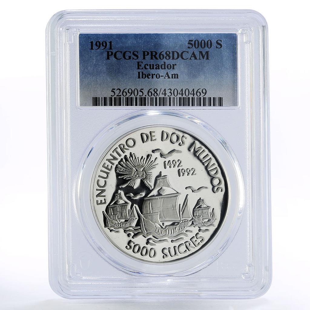 Ecuador 5000 sucres Columbus Ships Clippers PR68 PCGS silver coin 1991