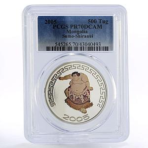 Mongolia 500 togrog Japanese Sumo Wrestler Shiranui PR70 PCGS silver coin 2005