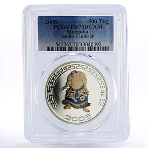 Mongolia 500 togrog Japanese Sumo Wrestler Tanikaze PR70 PCGS silver coin 2005