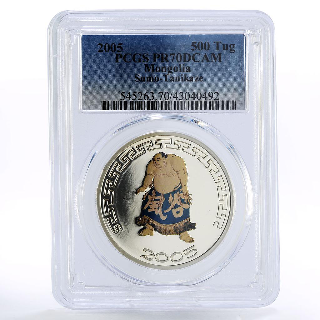 Mongolia 500 togrog Japanese Sumo Wrestler Tanikaze PR70 PCGS silver coin 2005