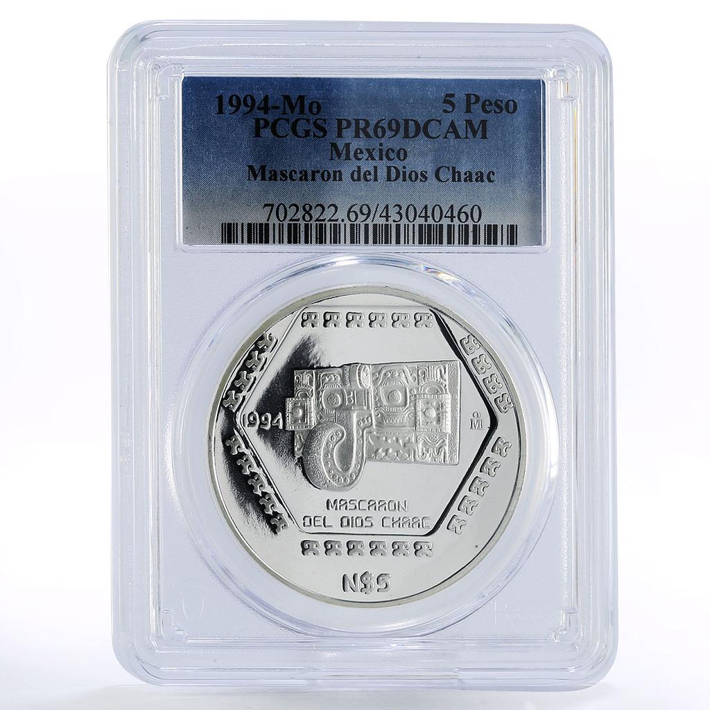 Mexico 5 pesos Precolombina Mascaron Del Dios Chaac PR69 PCGS silver coin 1994