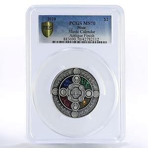 Niue 2 dollars Slavic Calendar Sun Moon Elements Gods MS70 PCGS silver coin 2020