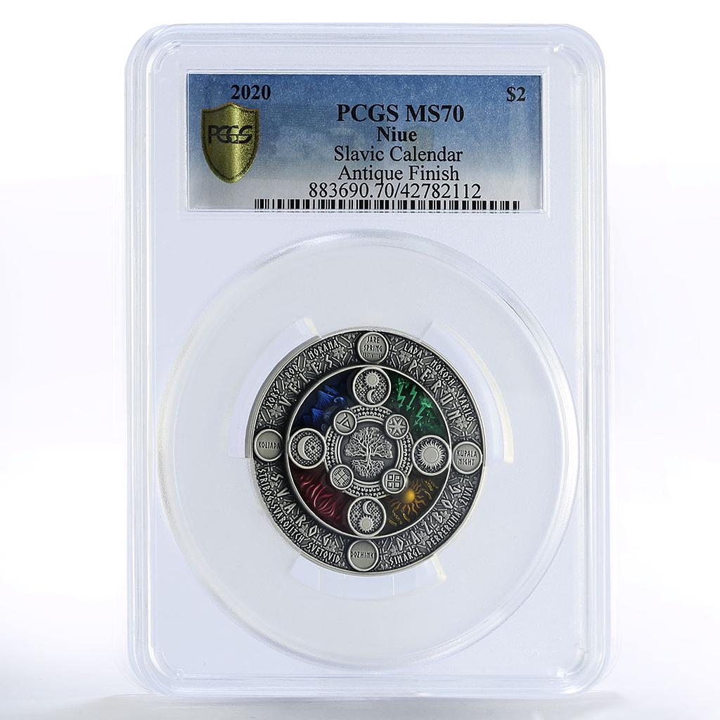 Niue 2 dollars Slavic Calendar Sun Moon Elements Gods MS70 PCGS silver coin 2020