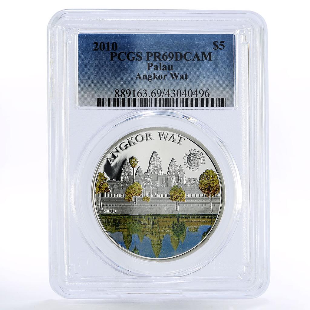 Palau 5 dollars World of Wonders Angkor Wat PR69 PCGS colored silver coin 2010
