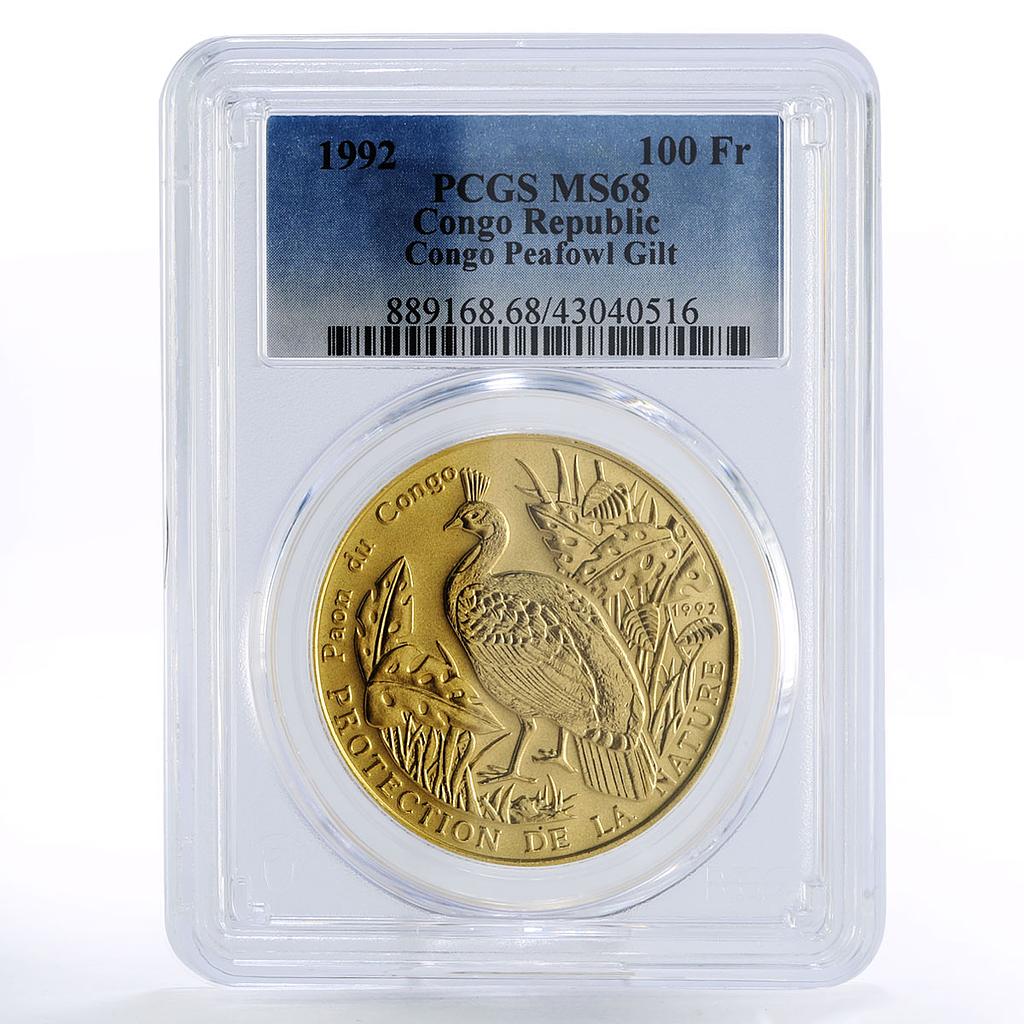Congo 100 francs Wildlife Peafowl Bird MS68 PCGS gilded CuNi coin 1992