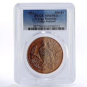 Congo 100 francs Wildlife Peafowl Bird MS69 PCGS copper coin 1992