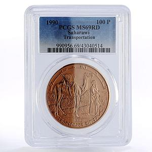 Saharawi 100 pesetas Transportation Camel Man Desert MS69 PCGS copper coin 1990
