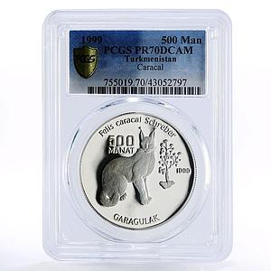 Turkmenistan 500 manat Red Book Caracal Cat PR70 PCGS silver coin 1999