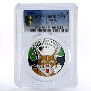 Vietnam 100 dong Endangered Wildlife Caracal PR67 PCGS colored silver coin 1996