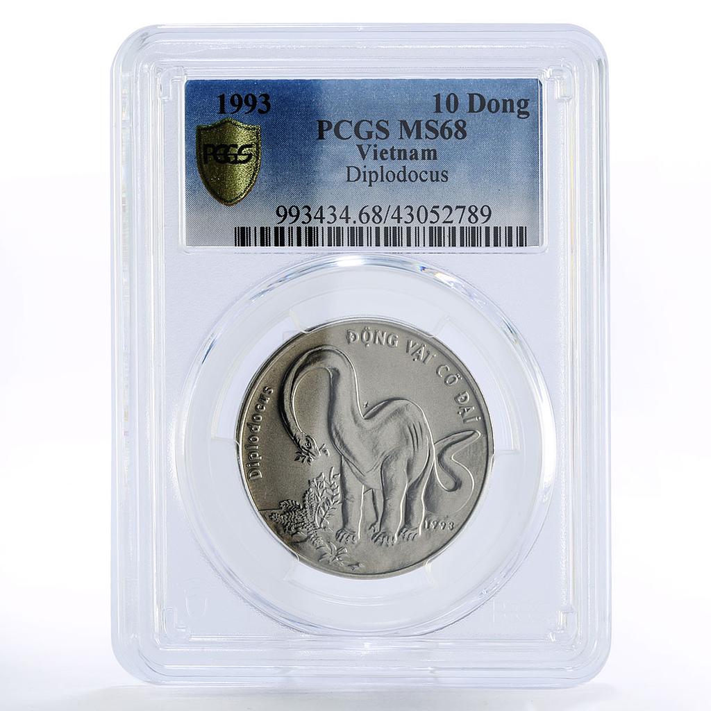 Vietnam 10 dong Dinosaur Diplodocus MS68 PCGS CuNi coin 1993