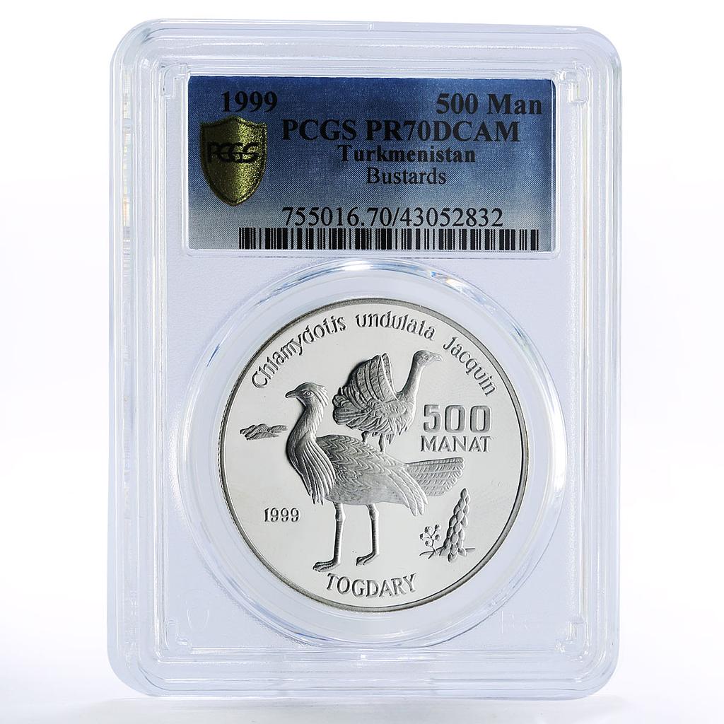 Turkmenistan 500 manat Wildlife Bustards Birds PR70 PCGS silver coin 1999