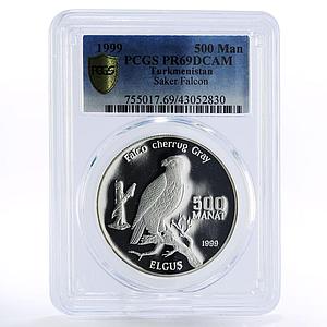 Turkmenistan 500 manat Wildlife Saker Falcon Bird PR69 PCGS silver coin 1999